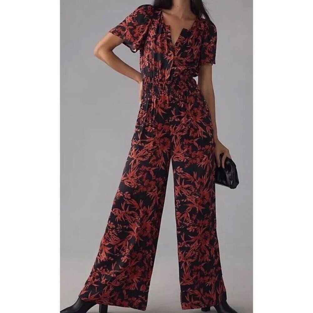 Anthropologie Sz M The Somerset Jumpsuit Satin Black Motif Boho Retro Wedding
